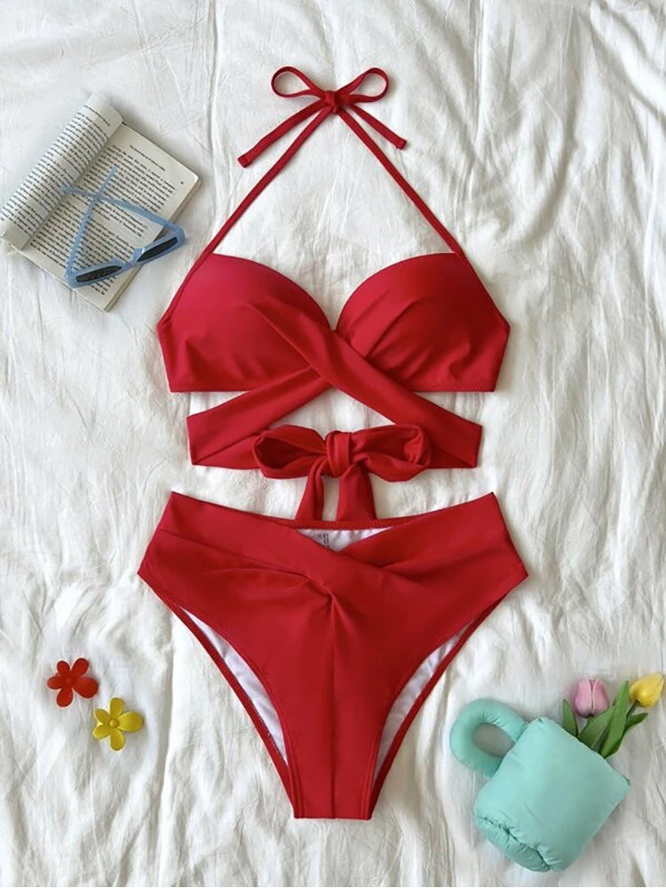 Sexy Push Up Bikini 2023 Solid High Waist Swimsuit Women Criss Cross Bandage Bikini Set Female Beachwear Bathing Suit bikini