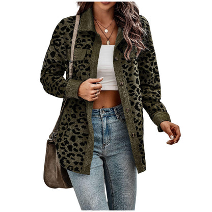 Women's Corduroy Leopard Print Jacket Button Long Sleeve Shirt