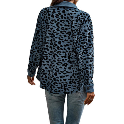 Women's Corduroy Leopard Print Jacket Button Long Sleeve Shirt