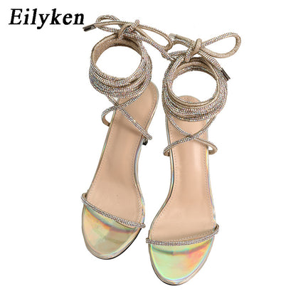 Eilyken Silver Bling Crystal Sexy Sandals For Women Open toe Rhinestone Strap Cross high heel Sandals Wedding Dress shoes