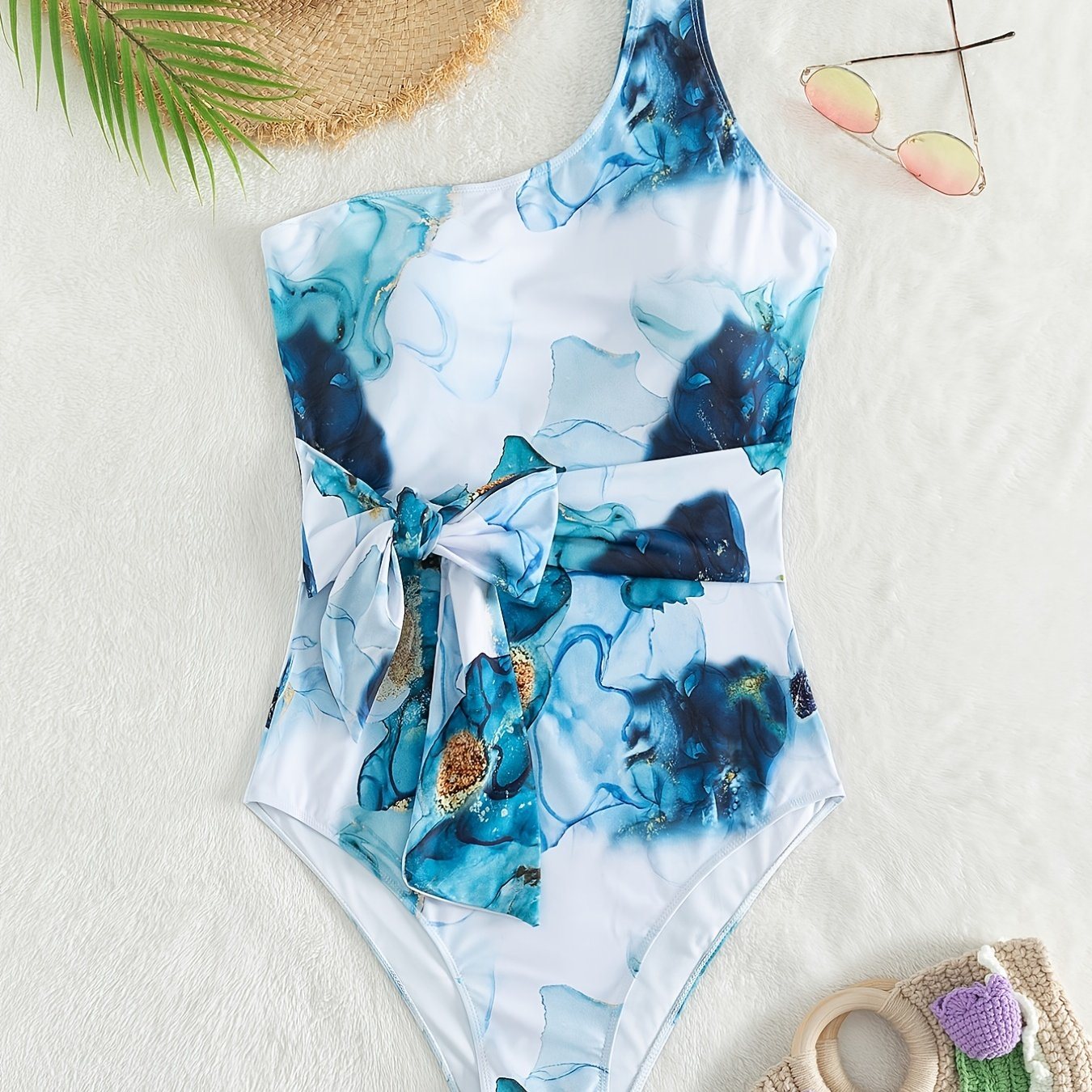 Plus Size Tie Dye Print Side Knot One Shoulder One Piece Swimsuit; Women's Plus Medium Stretch Elegant One Piece Bathing Suit