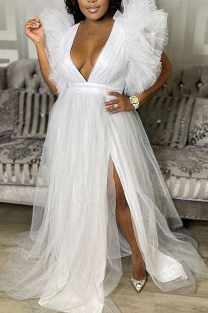 Spring Summer Plus Size Tulle Slit Evening Dress Women Loose Unique Large Swing Trailing Skirt Wedding Bridesmaid Layered Ruffle