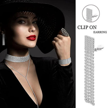 Women Clip On Dangle Earrings Y Necklace Tennis Bracelet Bridal Wedding Rhinestone Choker Formal Dress