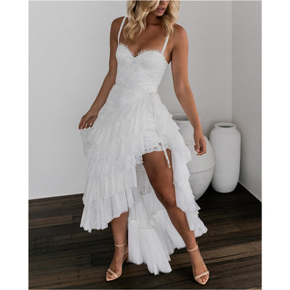 Women's White Summer/Spring Long 2pc Piece Sexy Detachable Hem Frenulum Lace Camisole Wrap Chest Irregular Layered Skirt Spring Summer