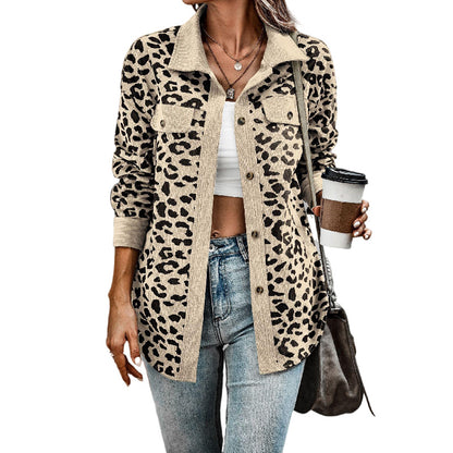 Women's Corduroy Leopard Print Jacket Button Long Sleeve Shirt