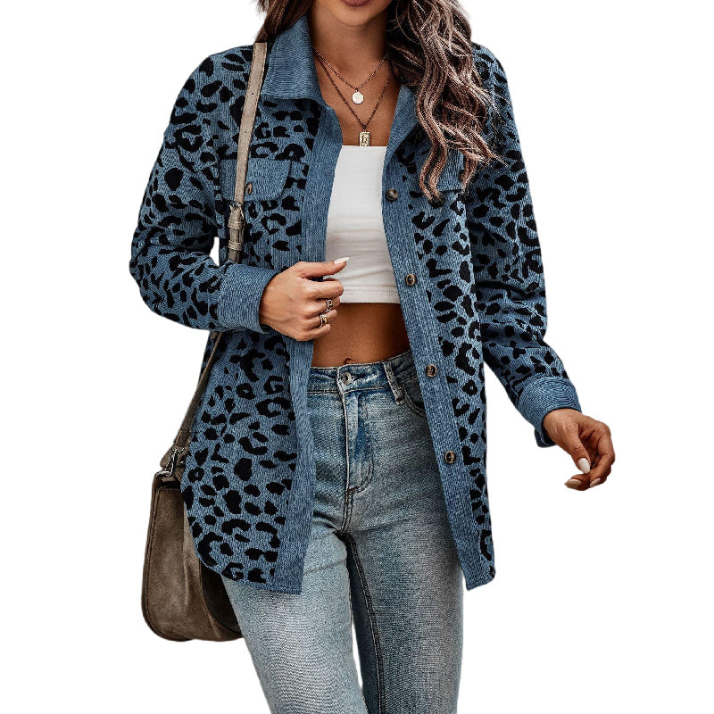 Women's Corduroy Leopard Print Jacket Button Long Sleeve Shirt