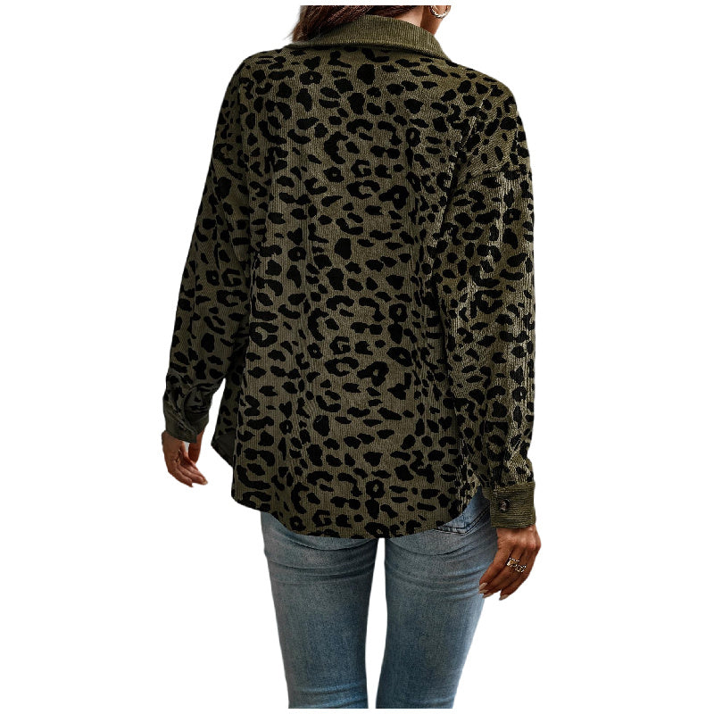 Women's Corduroy Leopard Print Jacket Button Long Sleeve Shirt