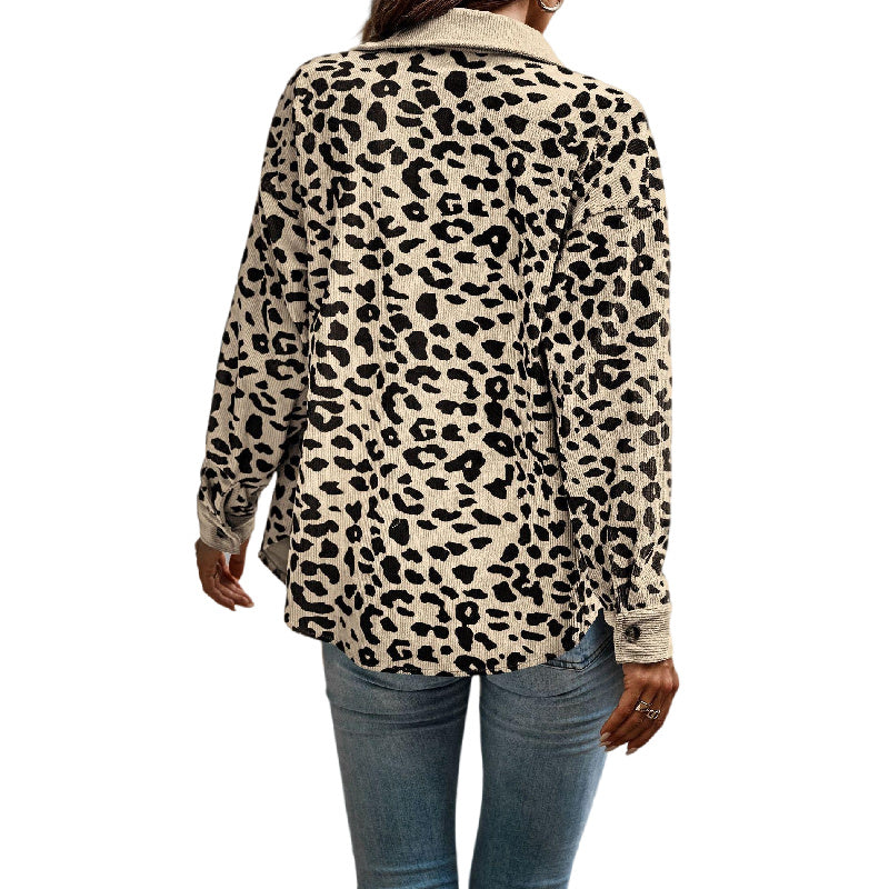 Women's Corduroy Leopard Print Jacket Button Long Sleeve Shirt