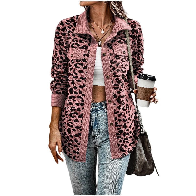 Women's Corduroy Leopard Print Jacket Button Long Sleeve Shirt