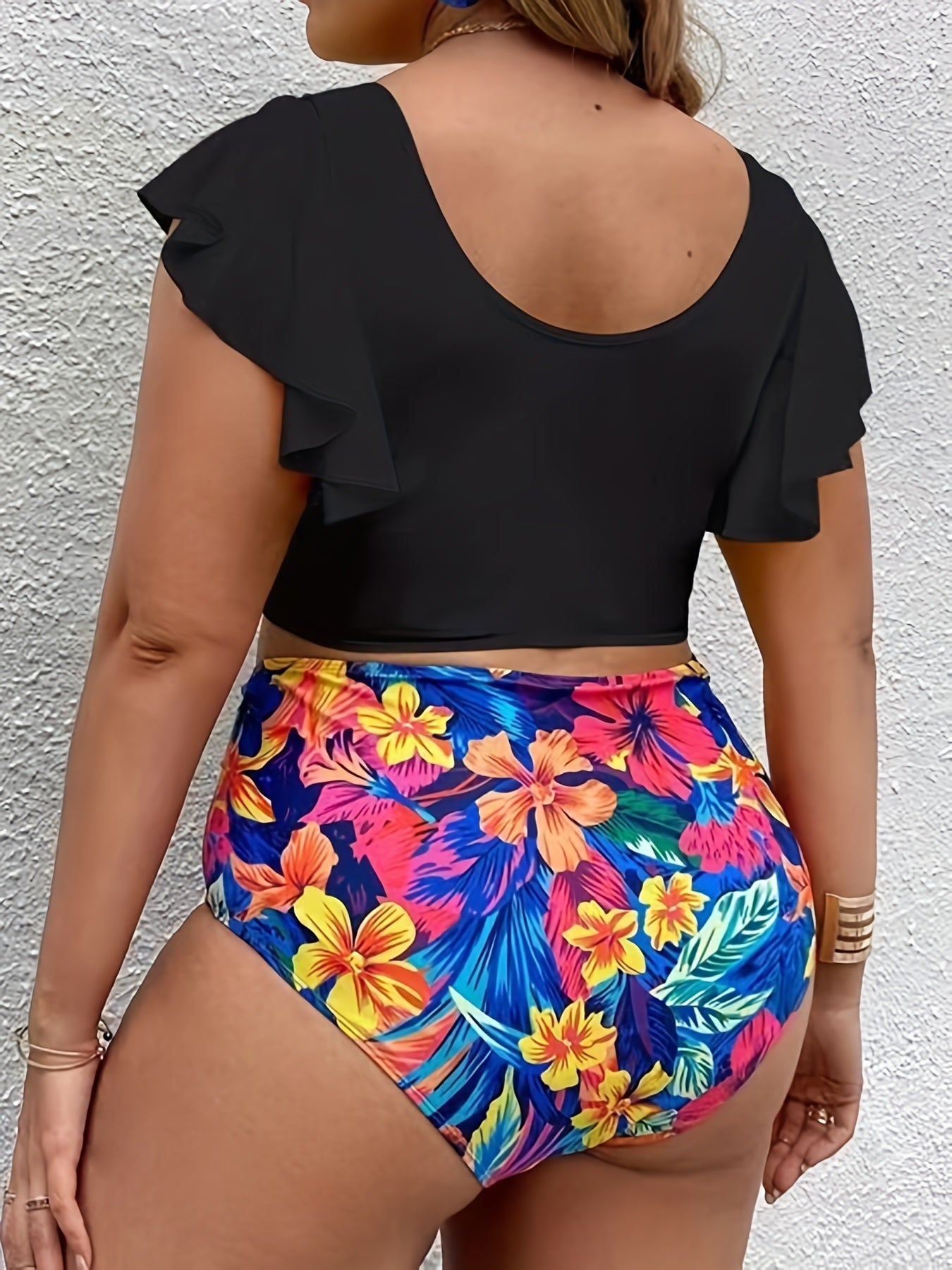 Plus Size Colorblock Tropical Print Bikini Set; Women's Plus Ruffle Sleeve High Waist Boho Swimsuit Set Bathing Suit Set