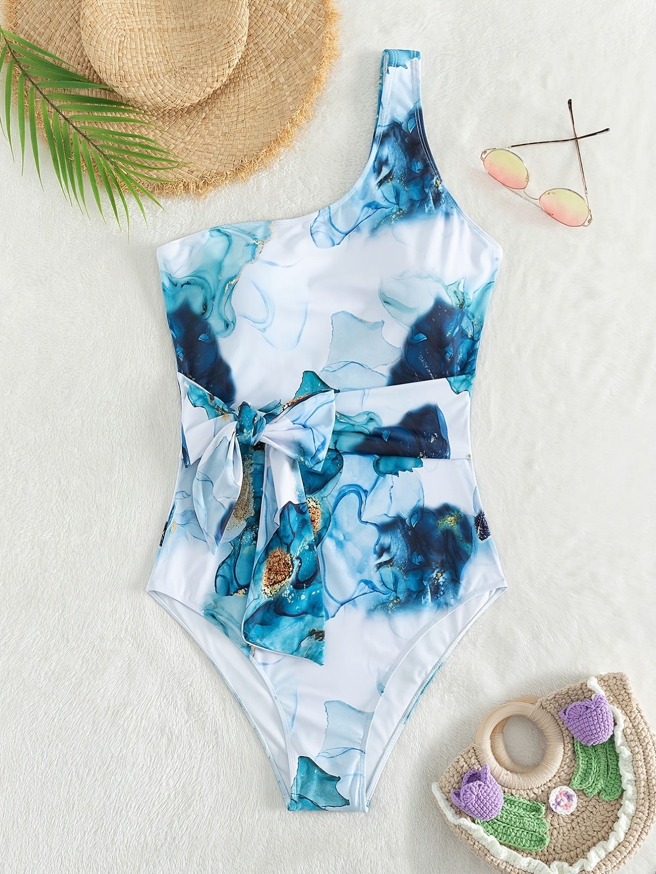 Plus Size Tie Dye Print Side Knot One Shoulder One Piece Swimsuit; Women's Plus Medium Stretch Elegant One Piece Bathing Suit